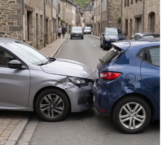 Deux véhicules arrêtés au point de choc dans une rue, l'avant de l'un contre l'arrière de l'autre, tôles déformées visibles