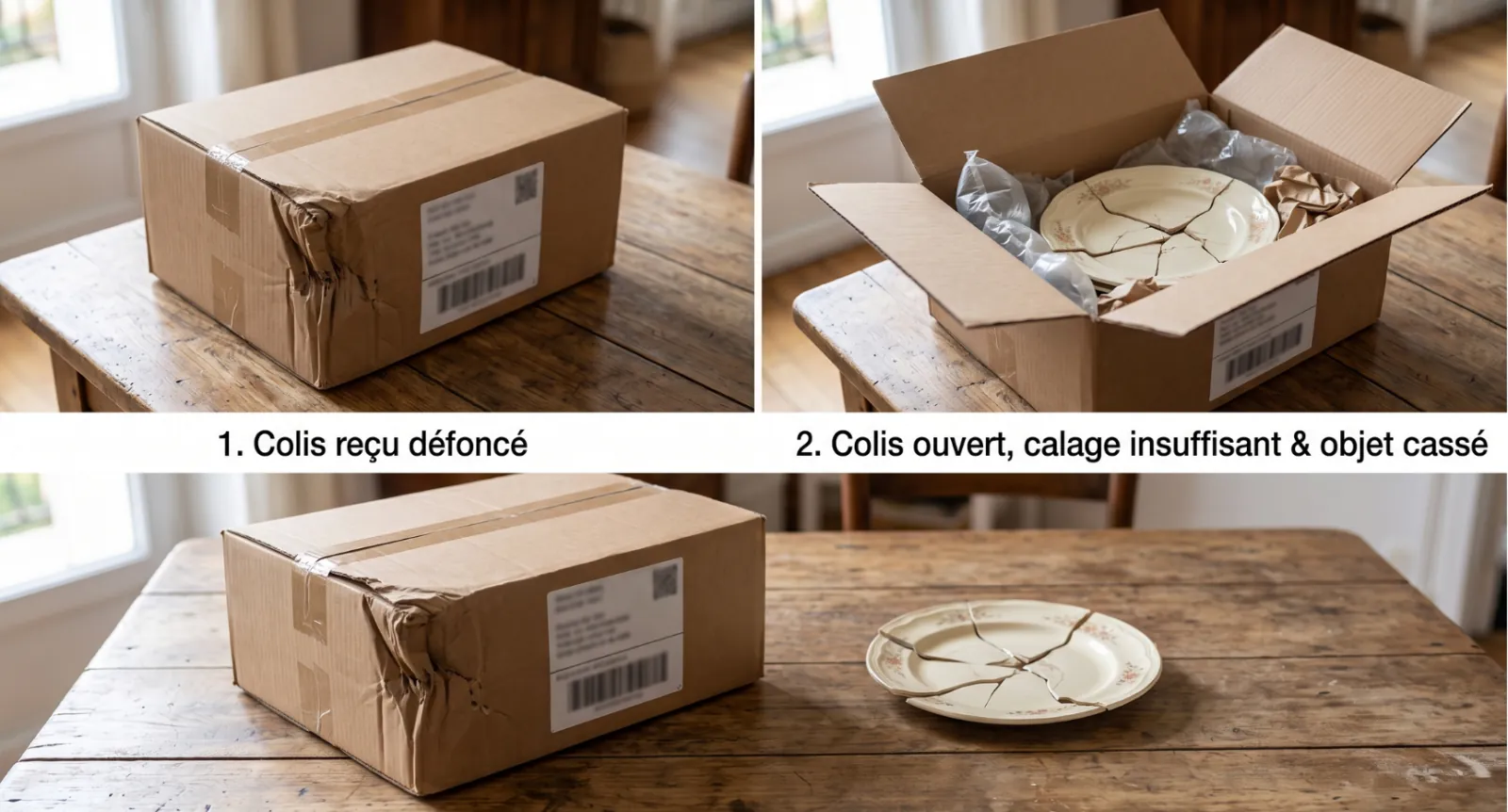 Trois photos d'un colis abîmé : le carton fermé avec un angle défoncé, le carton ouvert montrant un calage insuffisant et une assiette fêlée, puis l'assiette cassée posée à côté du colis