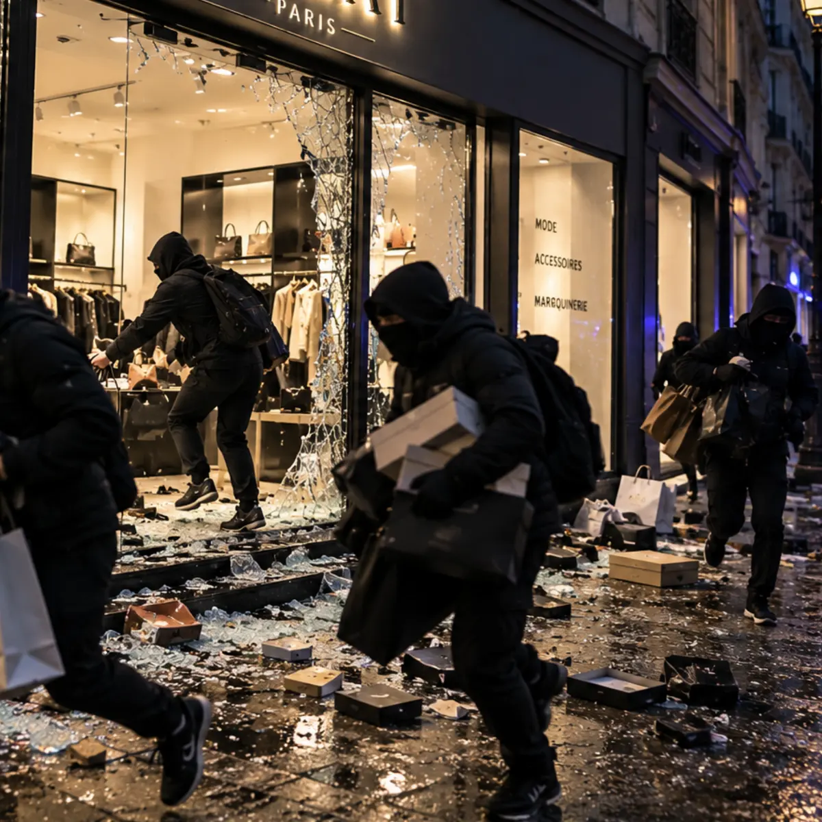 Illustration générée par IA : vitrine d'une boutique de mode brisée de nuit, éclats de verre et boîtes éparpillées sur le trottoir mouillé, des silhouettes encagoulées qui s'enfuient avec des sacs
