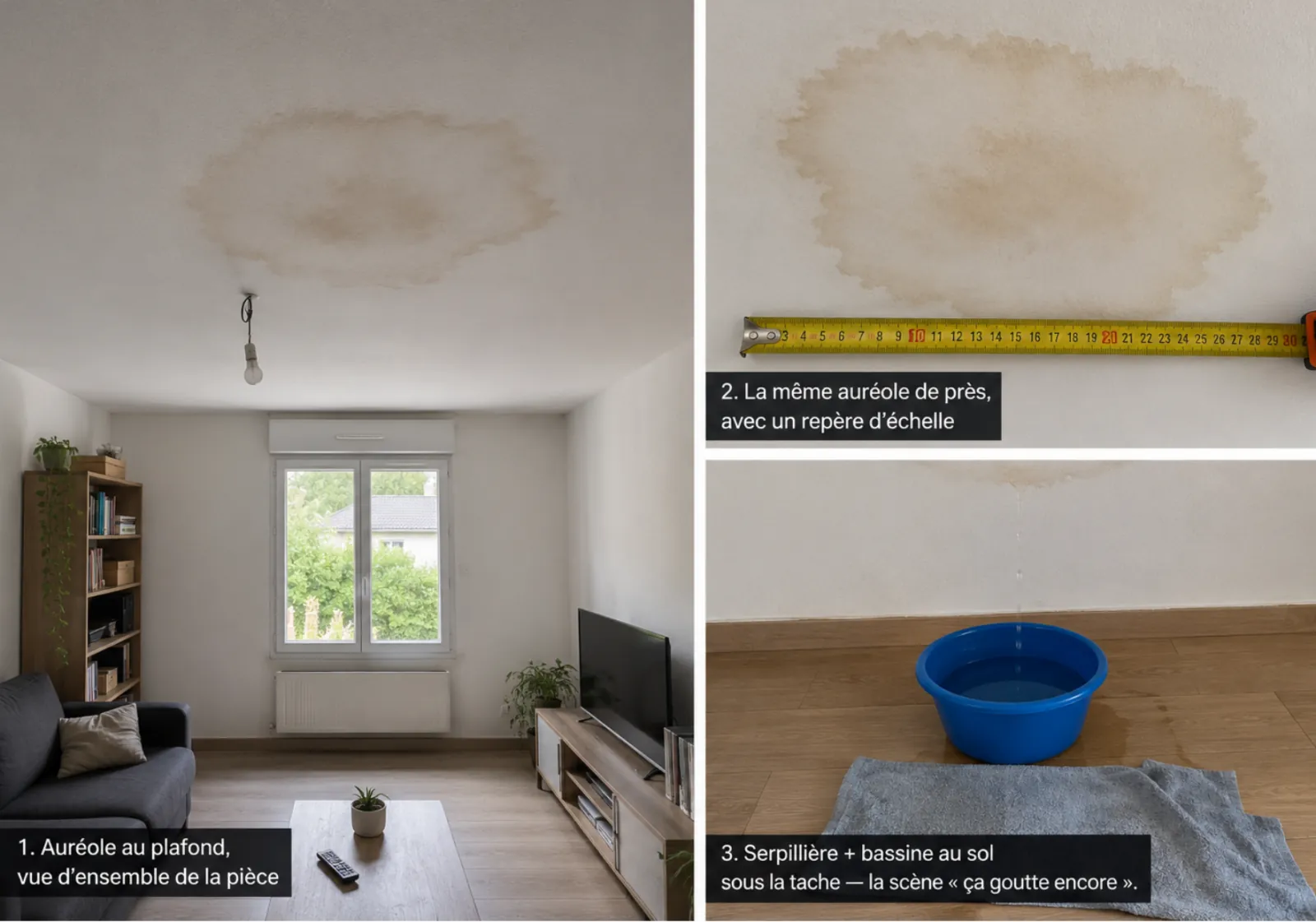 Trois photos d'un dégât des eaux : auréole au plafond en vue d'ensemble du salon, la même auréole de près avec un mètre ruban comme échelle, et une bassine posée sur une serpillière sous la goutte