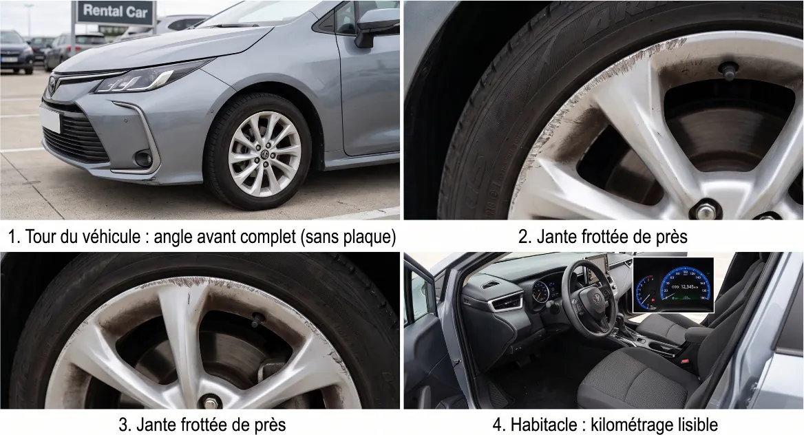 Quatre photos de l'état d'un véhicule de location : l'angle avant complet sans plaque, deux gros plans d'une jante frottée, et l'habitacle avec le kilométrage lisible au tableau de bord