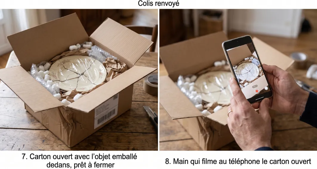 Deux photos d'un colis renvoyé : le carton ouvert avec l'objet emballé sous film et calé, prêt à fermer, puis une main qui filme le contenu du carton avec un téléphone